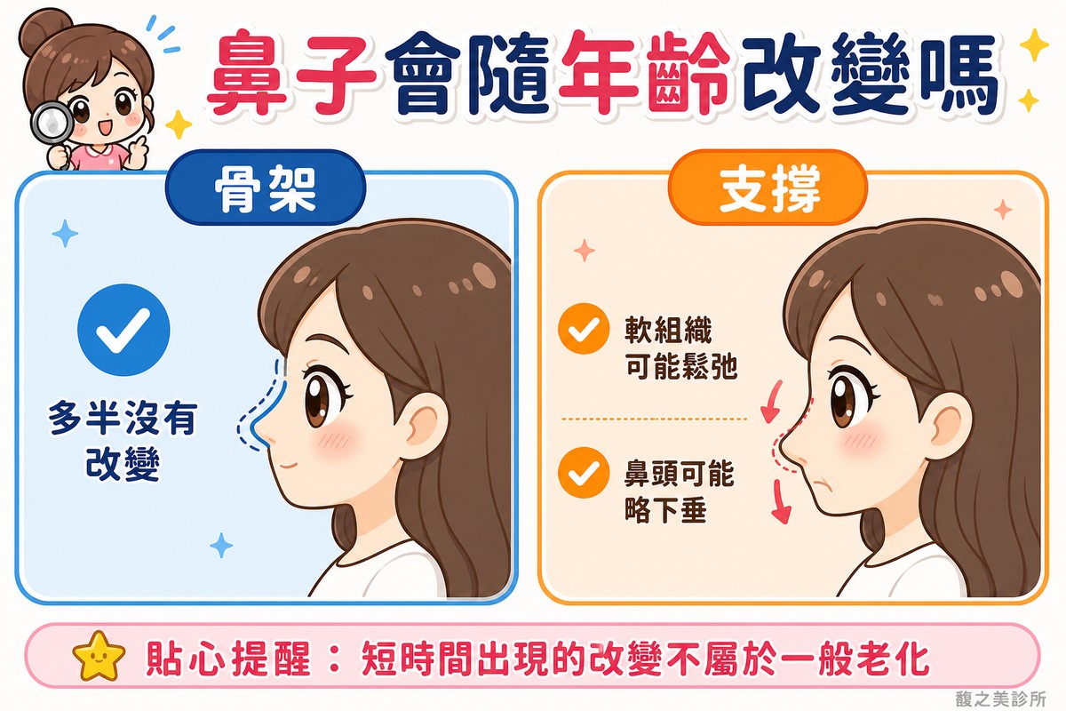 鼻子骨架多半不變，改變的是軟組織鬆弛與鼻頭略微下垂