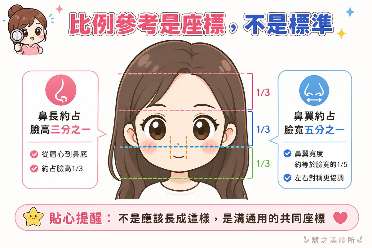 鼻長約占臉高三分之一、鼻翼約占臉寬五分之一的比例參考