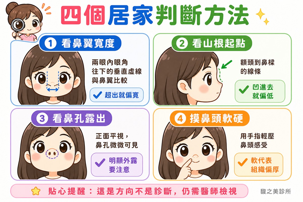 四個居家判斷方法：看鼻翼寬度、看山根起點、看鼻孔露出、摸鼻頭軟硬