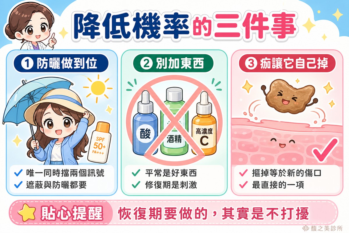 降低機率三件事：防曬做到位、恢復期別加酸類酒精高濃度C、痂皮讓它自己掉
