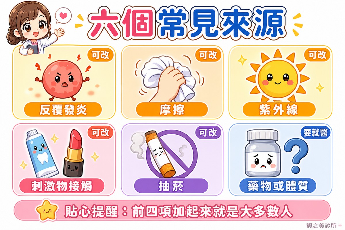唇周暗沉六個來源：反覆發炎、摩擦、紫外線、刺激物接觸、抽菸可改，藥物或體質需就醫