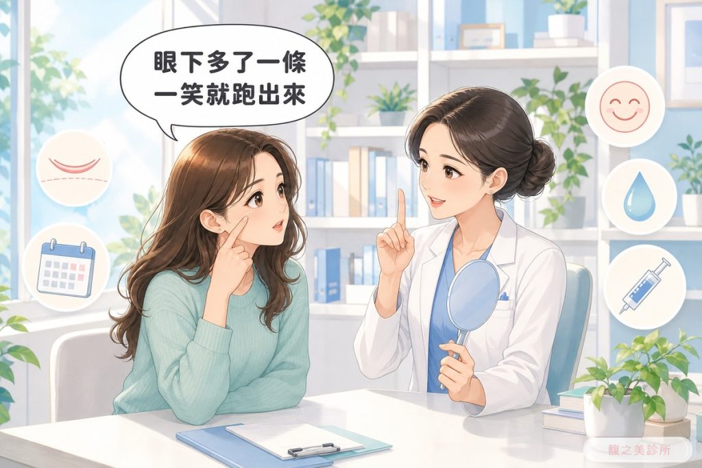 淚溝毛毛蟲是什麼：醫師與患者在諮詢空間討論眼下的條狀隆起
