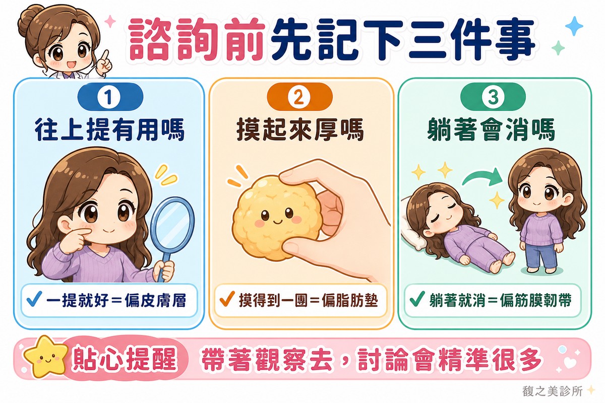 諮詢前先記下往上提有沒有用、摸起來厚不厚、躺著會不會消