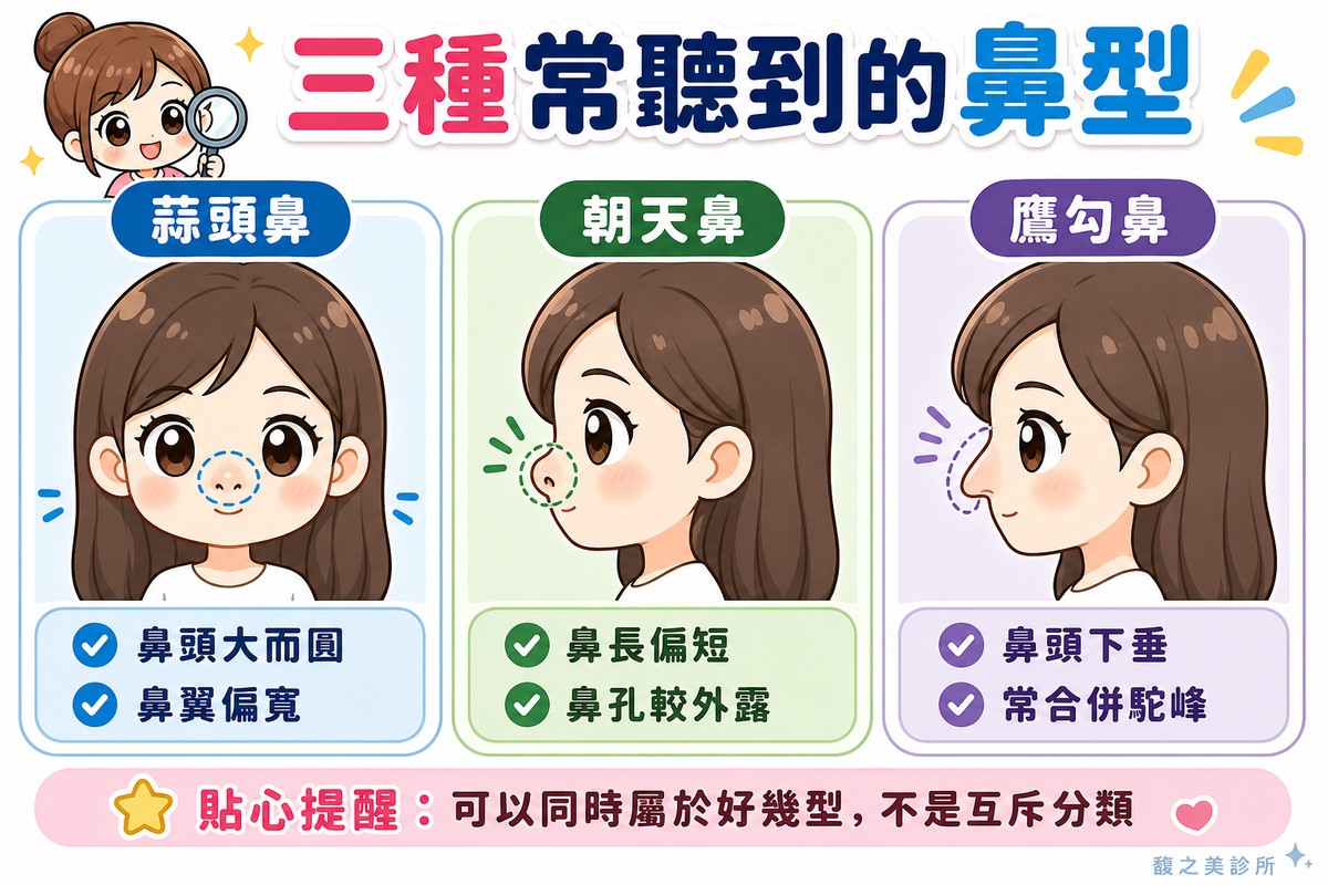 三種常聽到的鼻型：蒜頭鼻鼻頭圓大鼻翼寬、朝天鼻鼻長偏短鼻孔外露、鷹勾鼻鼻頭下垂