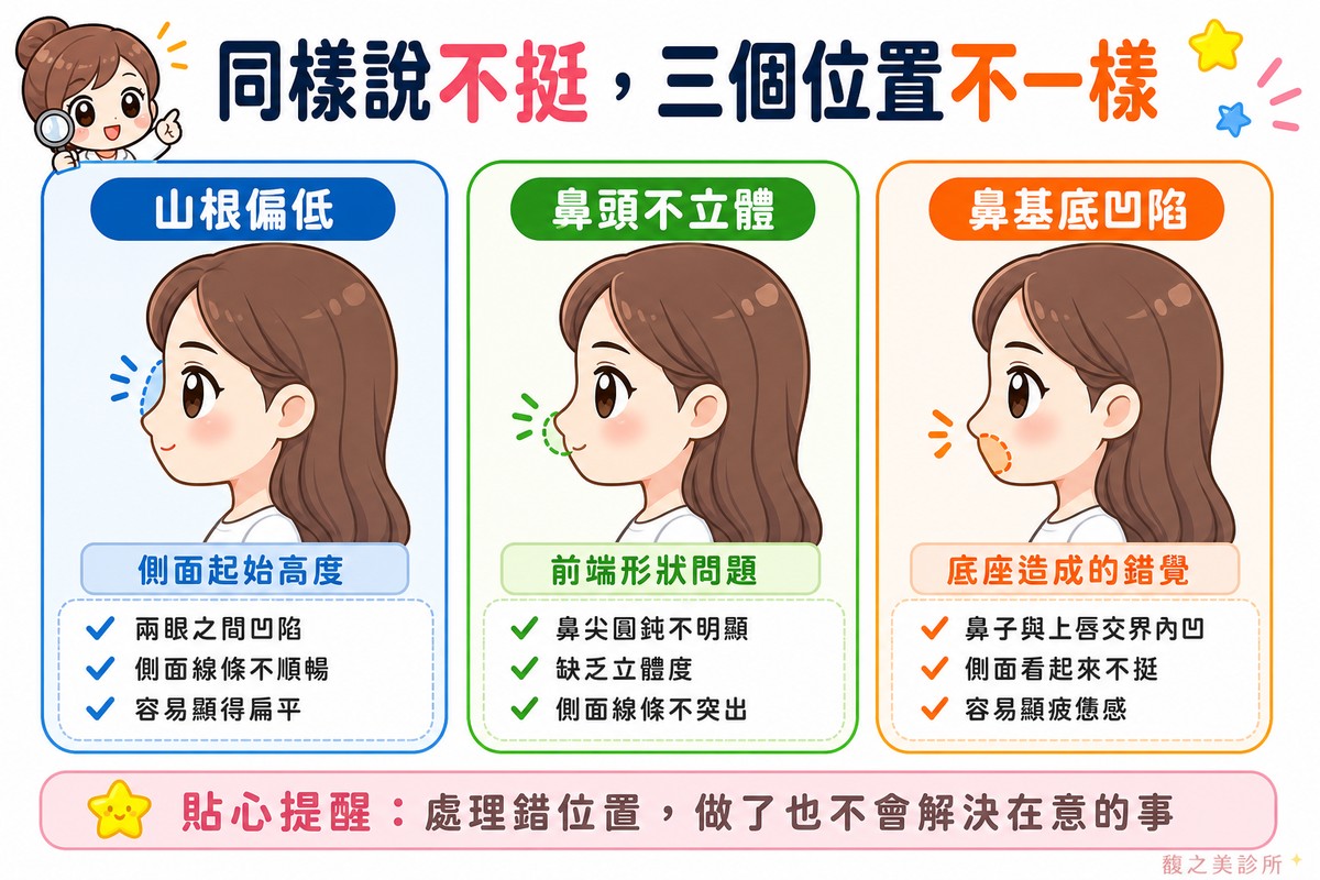 同樣說鼻子不挺，可能是山根偏低、鼻頭不立體或鼻基底凹陷三個不同位置