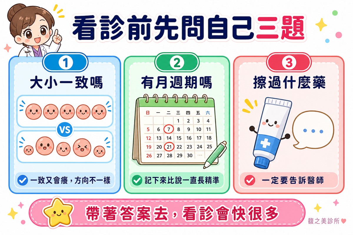 看診前先確認大小是否一致、有沒有月週期、擦過什麼藥