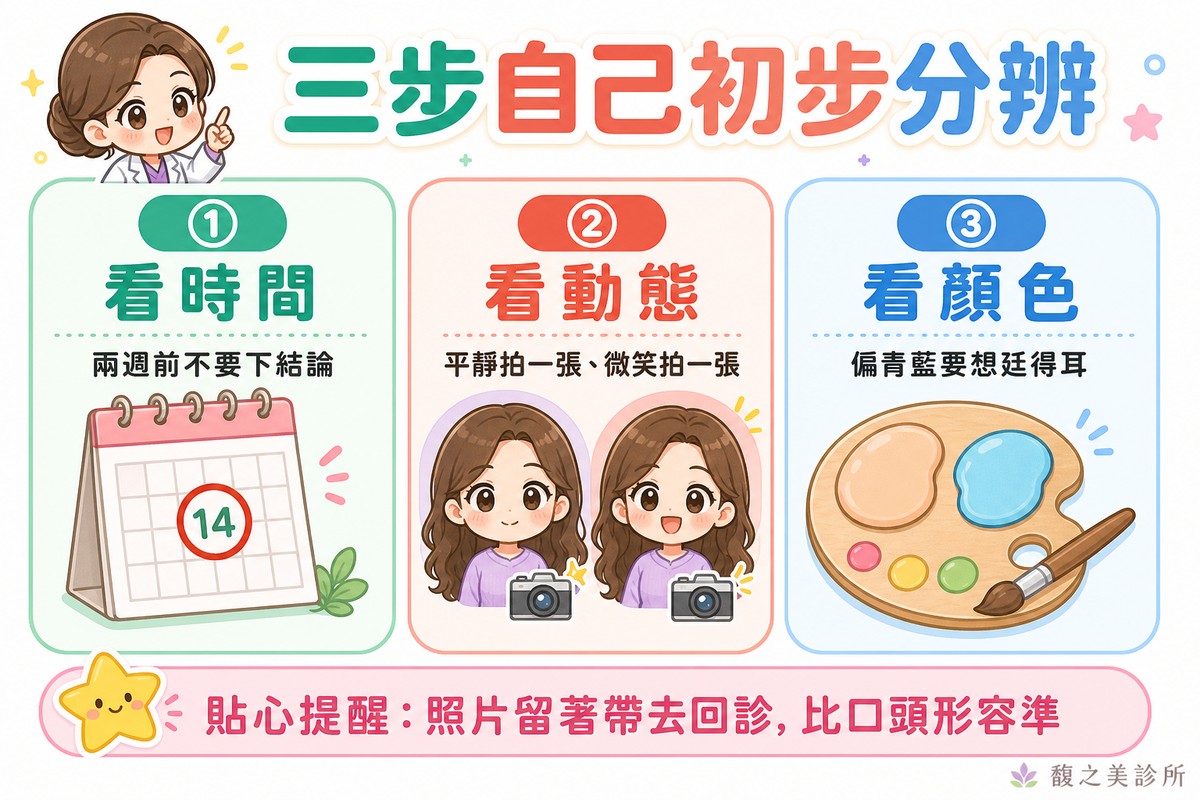 看時間兩週前不下結論、看動態平靜與微笑各拍一張、看顏色偏青藍要想泛藍陰影
