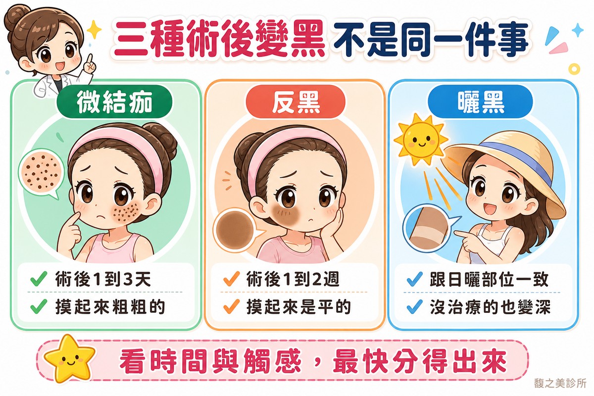 微結痂術後1到3天摸起來粗、反黑術後1到2週摸起來平、曬黑跟日曬部位一致
