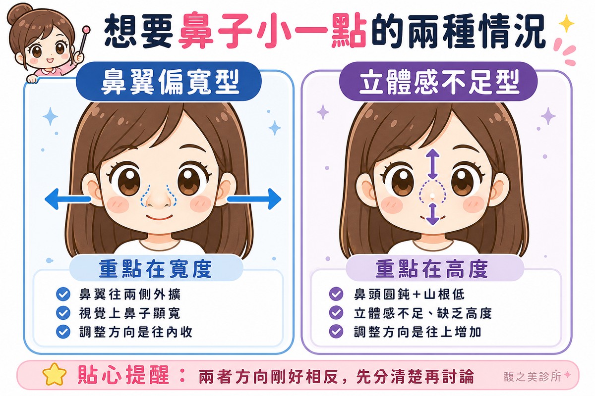 想要鼻子小一點的兩種情況：鼻翼偏寬重點在寬度、立體感不足重點在高度