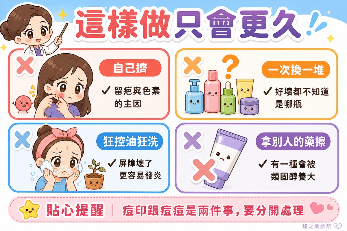 自己擠、一次換一堆保養品、狂控油狂洗、拿別人的藥擦都會讓它更久