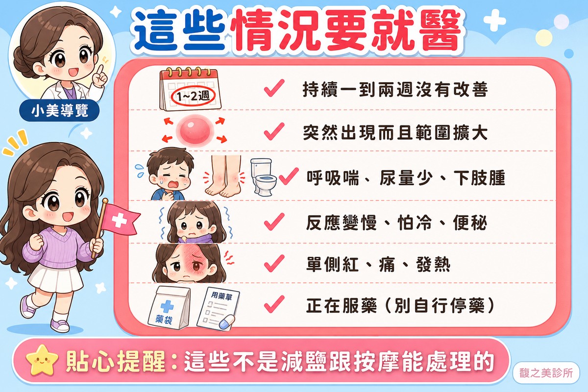 持續一到兩週沒改善、突然擴大、呼吸喘尿量少下肢腫、反應變慢怕冷便秘、單側紅痛熱、正在服藥