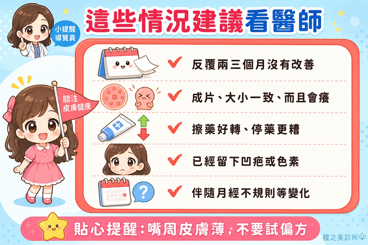 反覆兩三個月沒改善、成片大小一致會癢、擦藥好轉停藥更糟、已留凹疤或色素、伴隨月經不規則時建議就醫