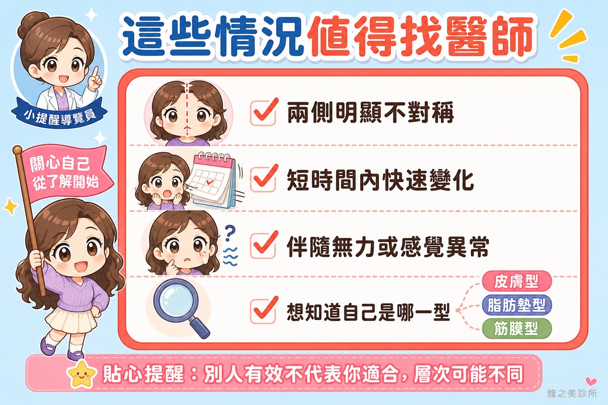 兩側明顯不對稱、短時間快速變化、伴隨無力或感覺異常、想知道自己屬於哪一型時值得就醫