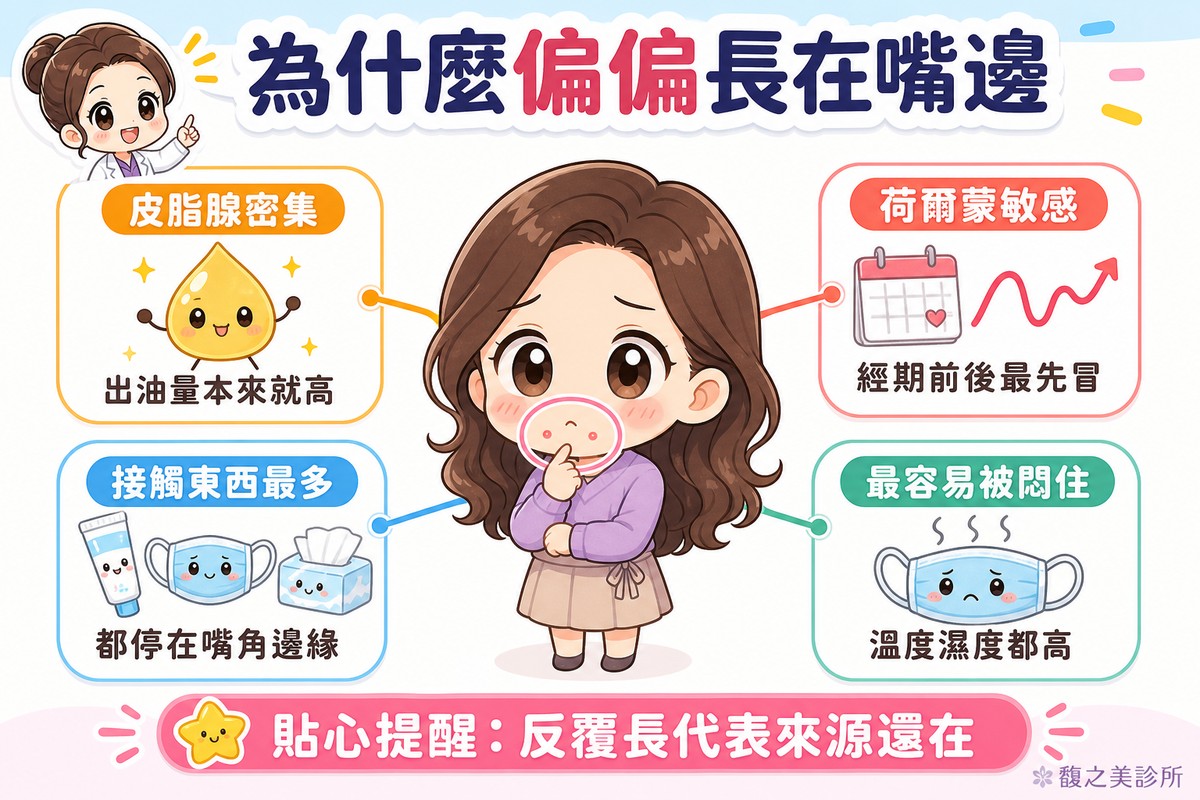 嘴邊皮脂腺密集、對荷爾蒙敏感、接觸東西最多、又最容易被口罩悶住