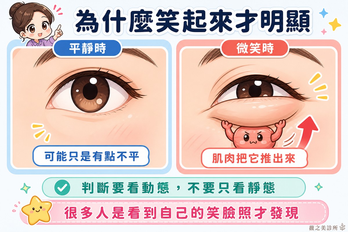 平靜時眼下只有一條很淡的線，微笑時肌肉把填充物往上推形成明顯隆起