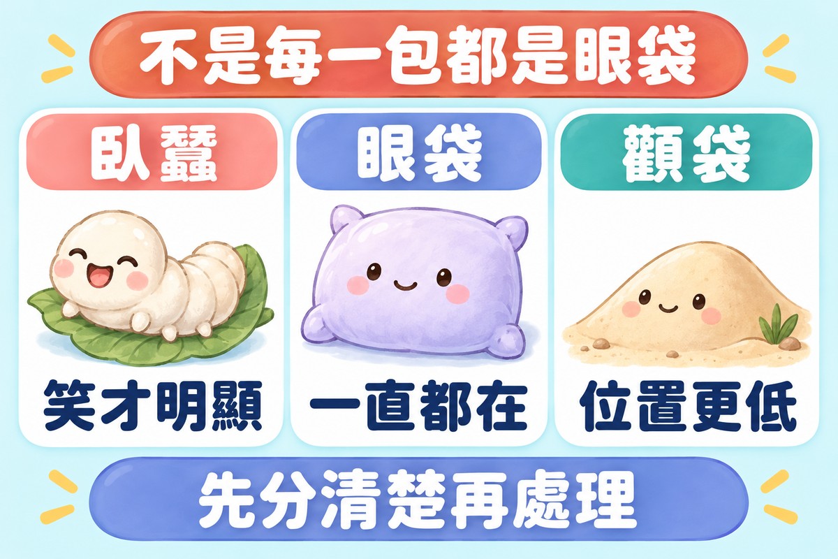 三張卡片的整理圖:笑咪咪的蠶寶寶角色寫著臥蠶、笑才明顯,小枕頭角色寫著眼袋、一直都在,位置比較低的小沙丘角色寫著顴袋、位置更低;上方寫著不是每一包都是眼袋,下方寫著先分清楚再處理