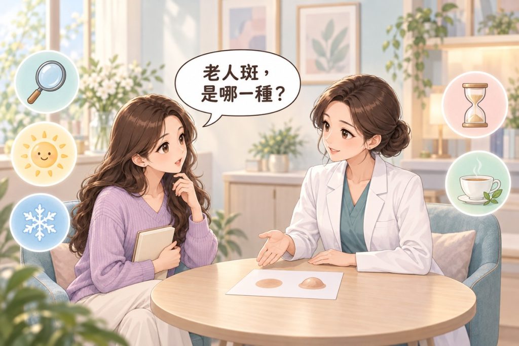 插畫：診間裡一位女性拿著空白的小筆記本發問，對面穿白袍的醫師比著桌上一張畫著一個平的圓點與一個小圓丘的紙平靜說明，周圍有放大鏡、太陽、雪花、沙漏與茶杯的小圖示