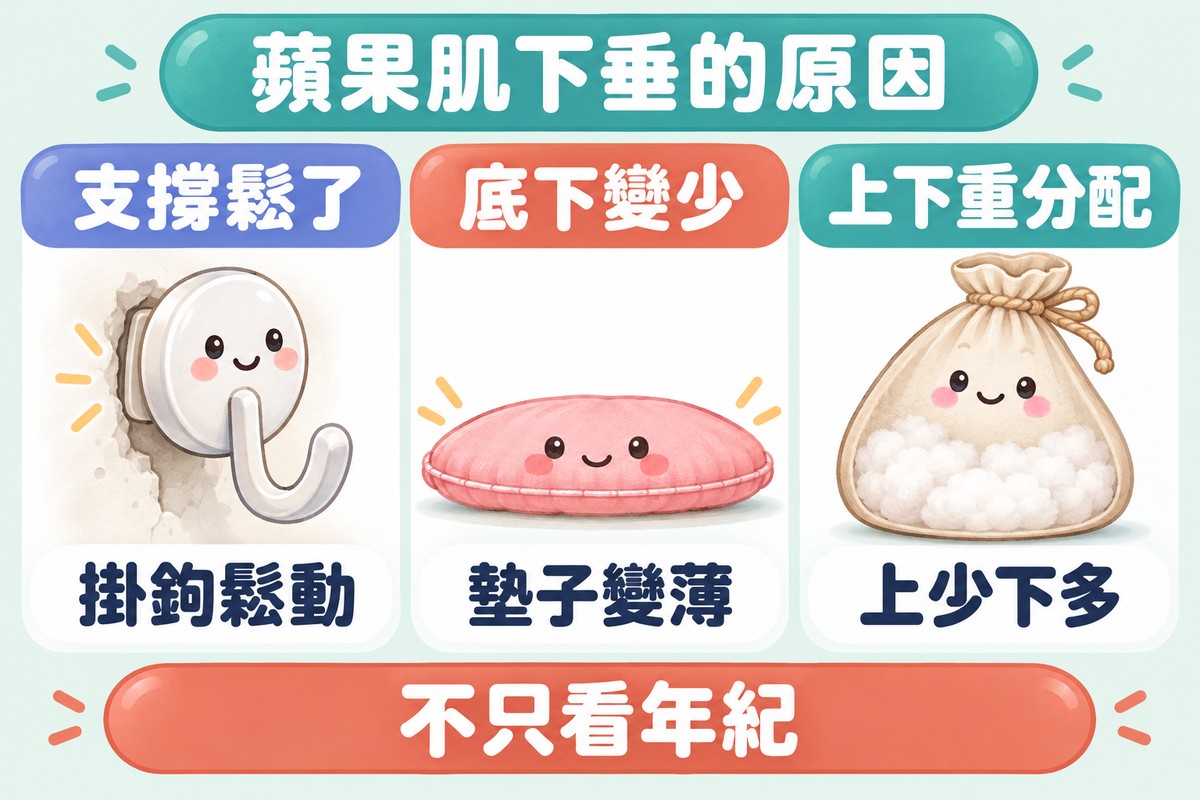 三張卡片的比喻圖:鬆動的掛鉤代表支撐鬆了,變薄的坐墊代表底下變少,棉花沉到下半部的布袋代表上下重分配;下方寫著不只看年紀