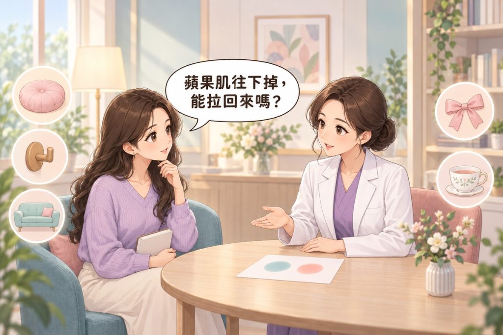 插畫:診間裡一位女性拿著空白的小筆記本發問,對話框寫著蘋果肌往下掉,能拉回來嗎;對面穿白袍的醫師比著桌上一張只有兩個色塊的紙平靜地說明,周圍有坐墊、掛鉤、沙發、緞帶與茶杯的小圖示