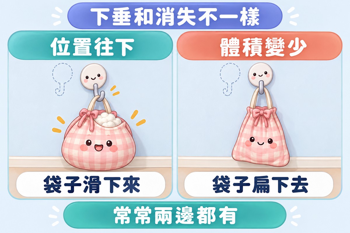 兩格比喻圖:左邊掛鉤鬆了、裝滿棉花的布袋整個往下滑,標示位置往下、袋子滑下來;右邊掛鉤沒動、布袋扁下去,標示體積變少、袋子扁下去;下方寫著常常兩邊都有