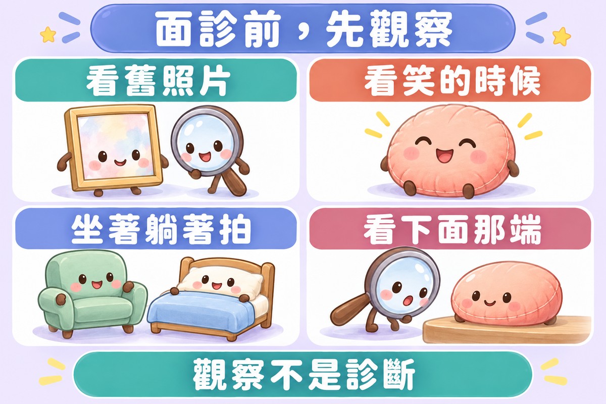 四格整理圖:空白相框與放大鏡代表看舊照片,笑著鼓起的坐墊代表看笑的時候,扶手椅與小床代表坐著躺著拍,放大鏡看著低處的坐墊代表看下面那端;下方寫著觀察不是診斷