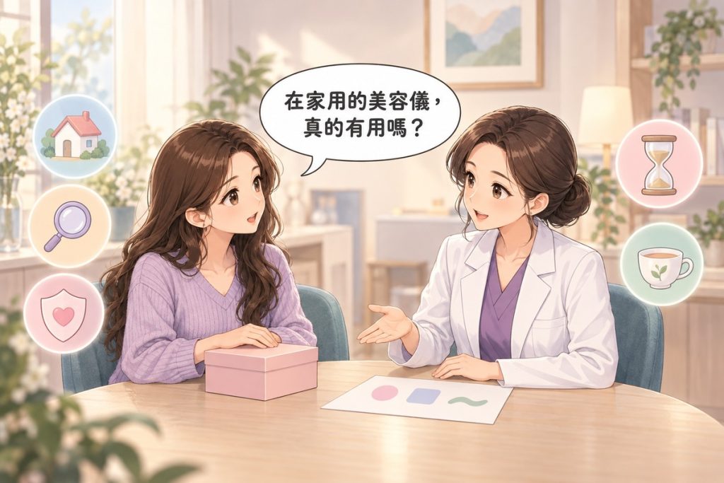插畫：診間裡一位女性雙手放在桌上一個沒有標誌的小禮物盒上發問，對面穿白袍的醫師比著桌上一張只畫了三個柔和圖形的紙平靜說明，周圍有小房子、放大鏡、愛心盾牌、沙漏與茶杯的小圖示