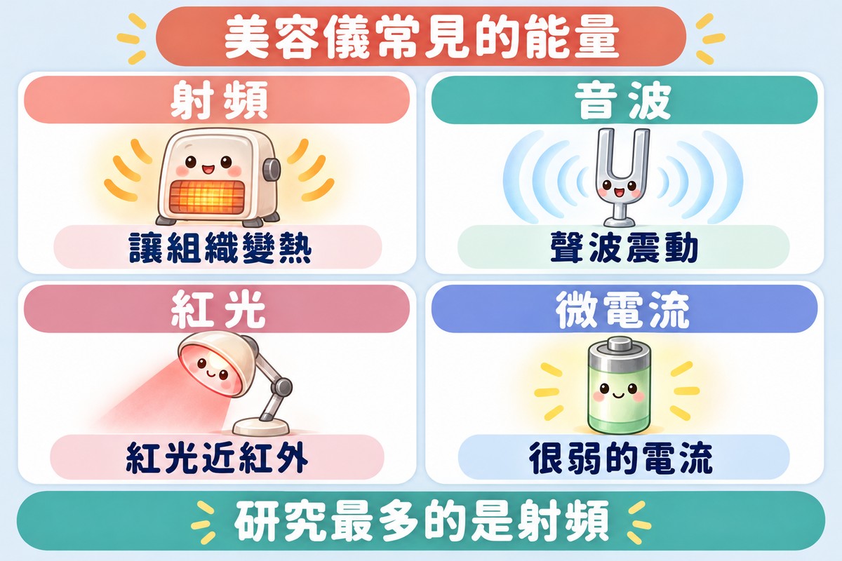 四張卡片的整理圖:小電暖器角色寫著射頻、讓組織變熱;音叉角色發出柔和波紋,寫著音波、聲波震動;發出柔和紅光的檯燈角色,寫著紅光、紅光近紅外;小電池角色寫著微電流、很弱的電流;上方寫著美容儀常見的能量,下方寫著研究最多的是射頻