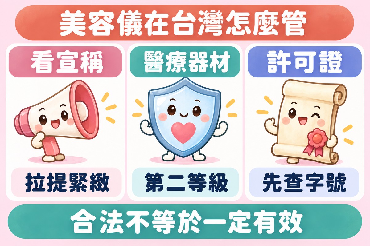 三張卡片的整理圖:小喇叭角色寫著看宣稱、拉提緊緻;有愛心的小盾牌角色寫著醫療器材、第二等級;有花形印章的空白證書角色寫著許可證、先查字號;上方寫著美容儀在台灣怎麼管,下方寫著合法不等於一定有效