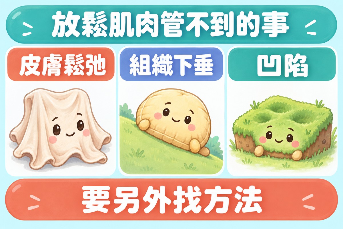 三張卡片的整理圖:一塊有點皺、軟軟垂下的小布角色寫著皮膚鬆弛、一個從小斜坡往下滑一些的小坐墊寫著組織下垂、一塊有淺淺凹痕的小草皮寫著凹陷;上方寫著放鬆肌肉管不到的事,下方寫著要另外找方法