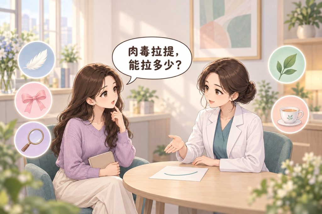 插畫:診間裡一位女性拿著空白的小筆記本發問,對面穿白袍的醫師比著桌上一張只畫著一條柔和弧線的紙平靜說明,周圍有羽毛、小蝴蝶結、放大鏡、葉子與茶杯的小圖示