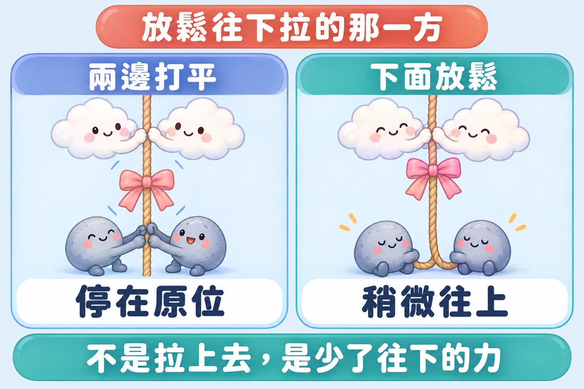 兩格對照的比喻圖:一條直立的繩子中間綁著小蝴蝶結,上面有小雲朵往上拉、下面有小石頭往下拉;左邊寫著兩邊打平、停在原位,右邊下面的小石頭坐下來休息,寫著下面放鬆、稍微往上;上方寫著放鬆往下拉的那一方,下方寫著不是拉上去,是少了往下的力