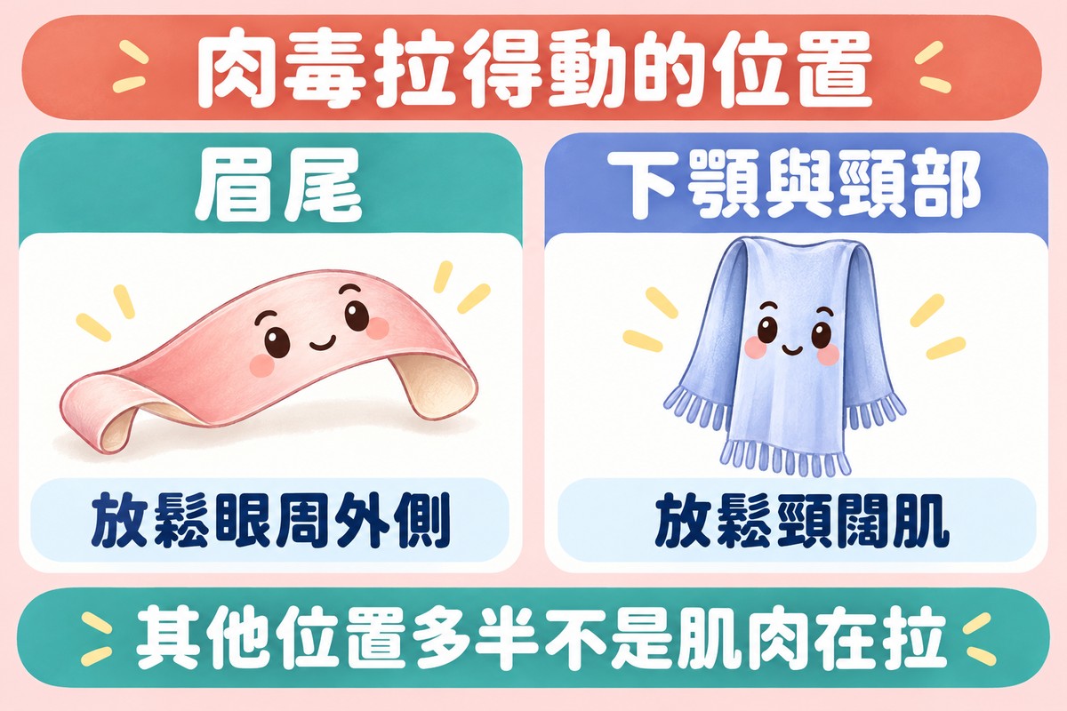 兩張卡片的整理圖:左邊一條彎彎的小緞帶角色寫著眉尾、放鬆眼周外側,右邊一條垂直的薄圍巾角色寫著下顎與頸部、放鬆頸闊肌;上方寫著肉毒拉得動的位置,下方寫著其他位置多半不是肌肉在拉