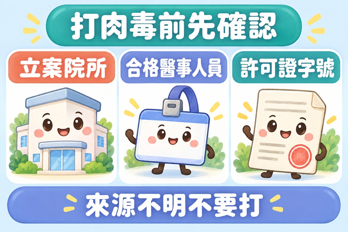 三張卡片的整理圖:一棟可愛的小診所建築寫著立案院所、一個空白名牌角色寫著合格醫事人員、一張蓋著圓形印章的空白小文件寫著許可證字號;上方寫著打肉毒前先確認,下方寫著來源不明不要打