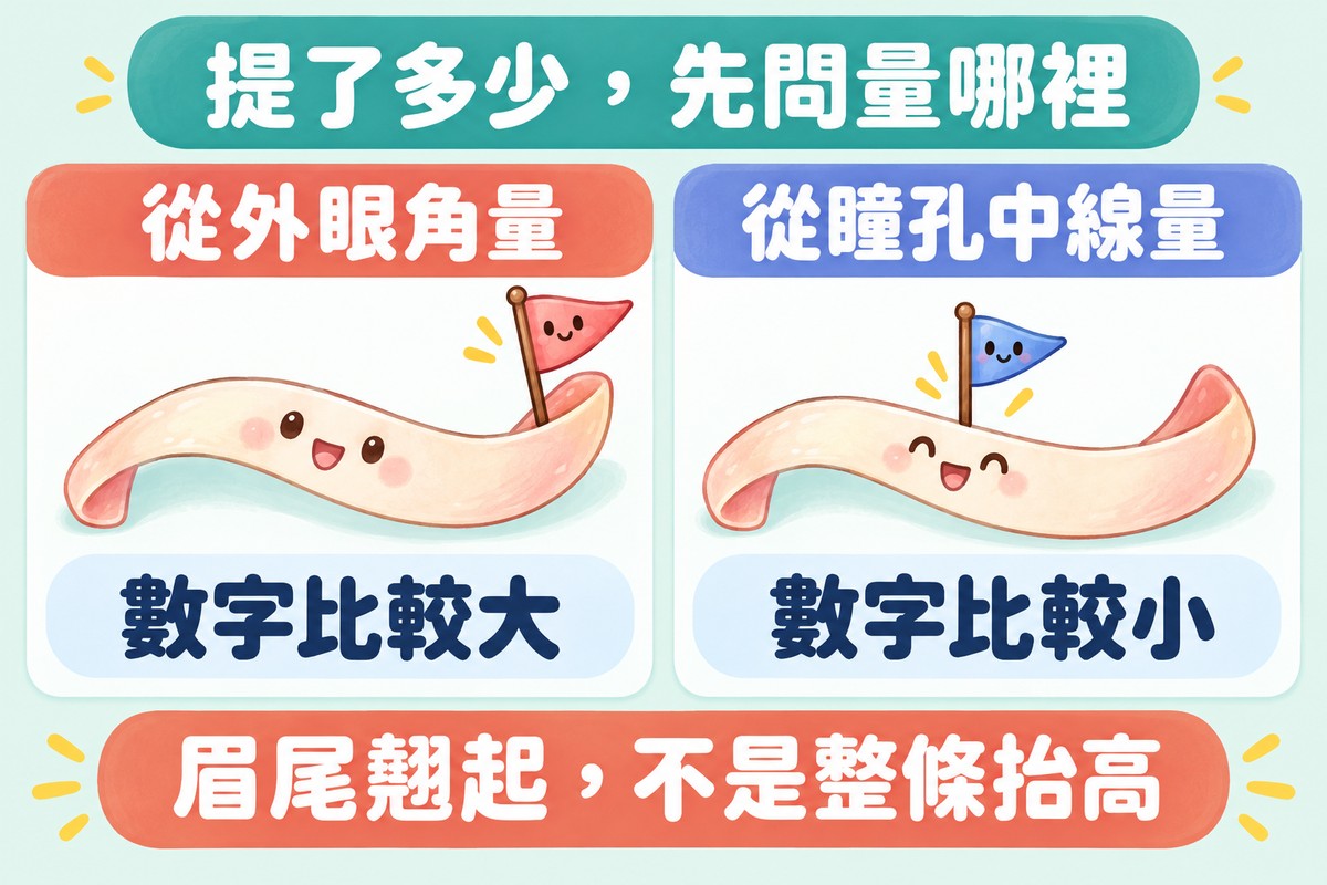 兩張卡片的整理圖:一條彎彎的小緞帶,左邊卡片的小旗子插在緞帶外側末端,寫著從外眼角量、數字比較大;右邊卡片的小旗子插在緞帶中間,寫著從瞳孔中線量、數字比較小;上方寫著提了多少,先問量哪裡,下方寫著眉尾翹起,不是整條抬高