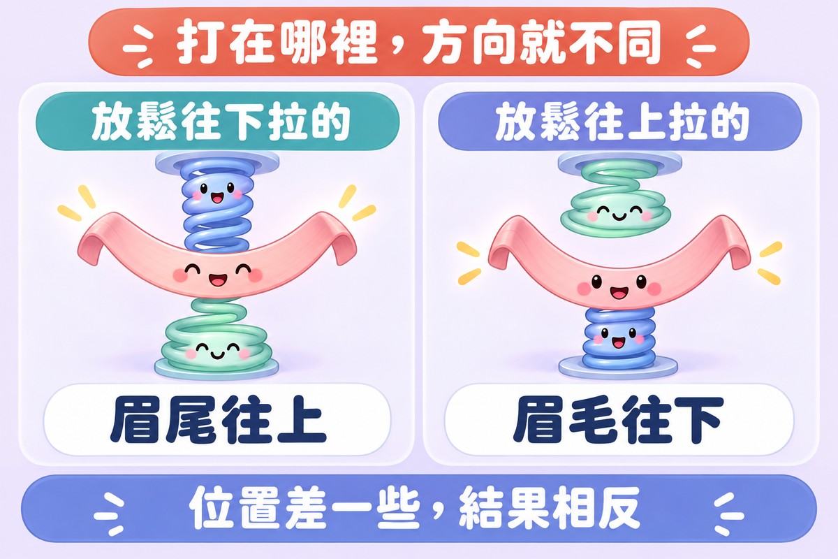 兩格對照的比喻圖:一條彎彎的小緞帶掛在上方小彈簧與下方小彈簧之間;左邊下方的彈簧放鬆躺著,緞帶稍微高一些,寫著放鬆往下拉的、眉尾往上;右邊上方的彈簧放鬆垂著,緞帶低一些,寫著放鬆往上拉的、眉毛往下;上方寫著打在哪裡,方向就不同,下方寫著位置差一些,結果相反