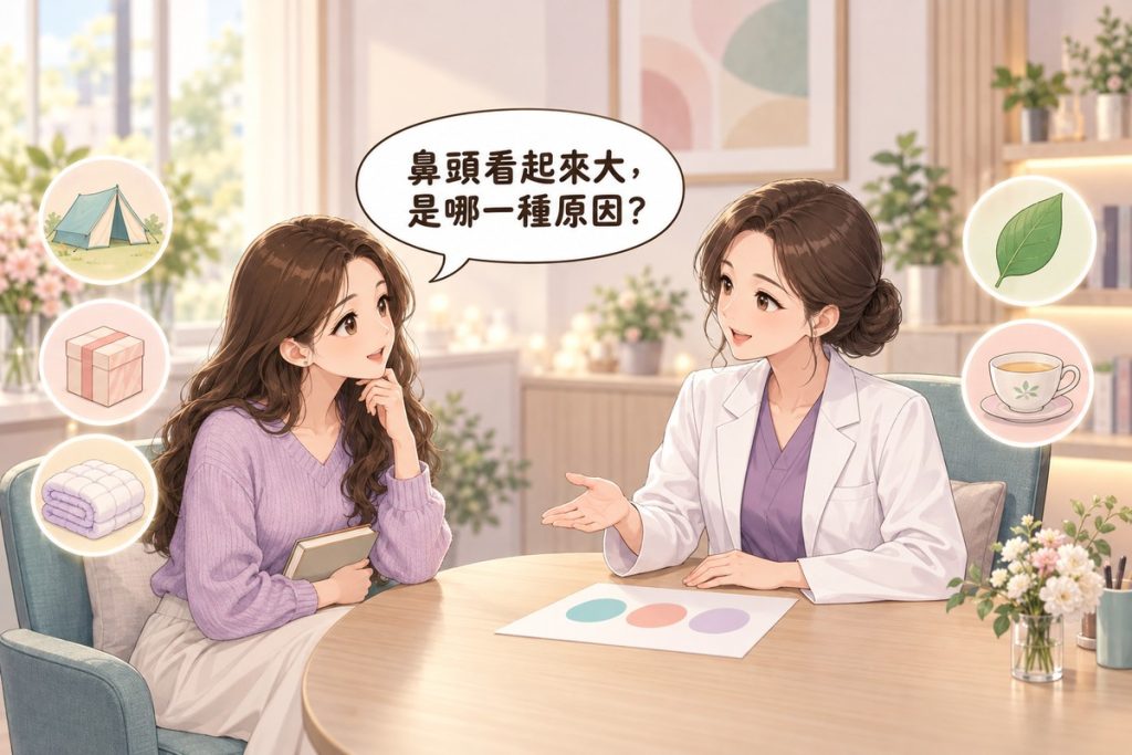 插畫：診間裡一位女性拿著一本空白的小筆記本發問，對面穿白袍的醫師比著桌上一張只有三個色塊的紙平靜地說明，周圍有帳篷、小盒子、棉被、葉子與茶杯的小圖示