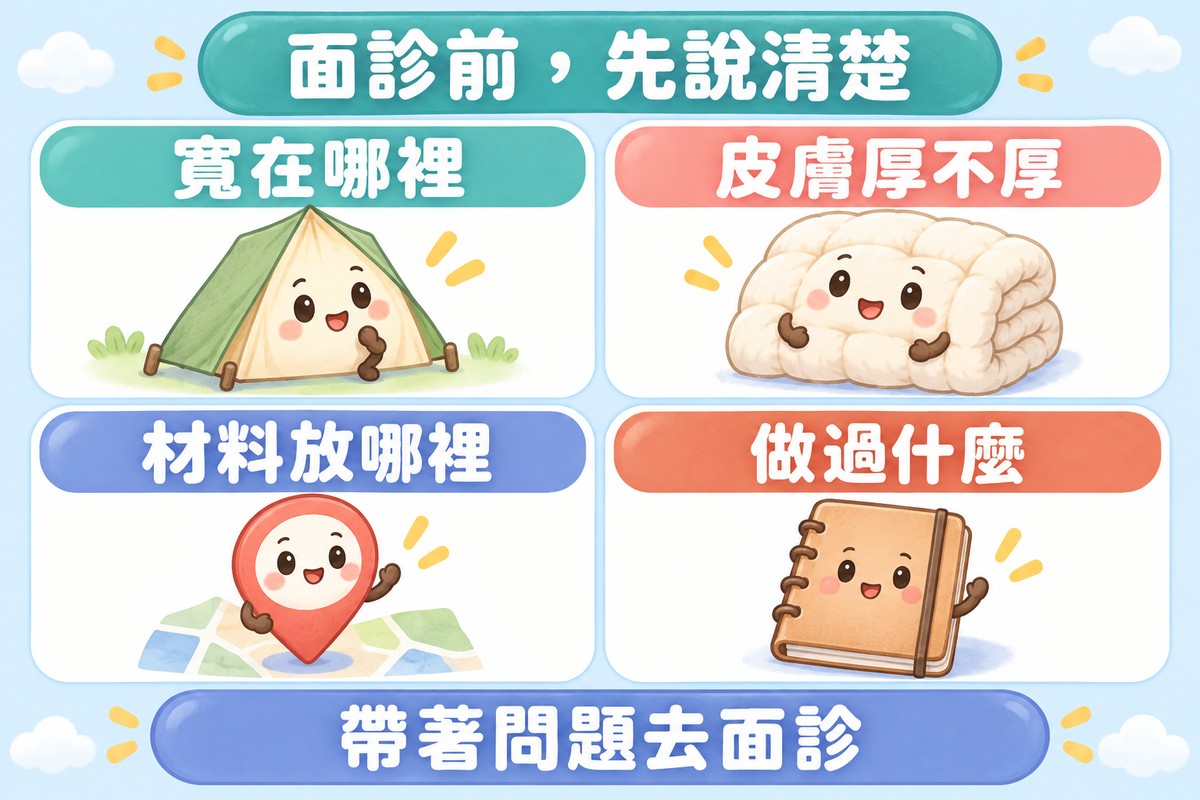 四張卡片的清單圖:寬在哪裡、皮膚厚不厚、材料放哪裡、做過什麼,各配一個帳篷、厚棉被、地圖針、筆記本小角色;下方寫著帶著問題去面診