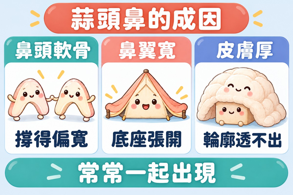 三張卡片的比喻圖:兩個拱形小角色手拉手站得很開代表鼻頭軟骨撐得偏寬、帳篷角色底座張開代表鼻翼寬、厚棉被蓋住小盒子代表皮膚厚輪廓透不出;下方寫著常常一起出現