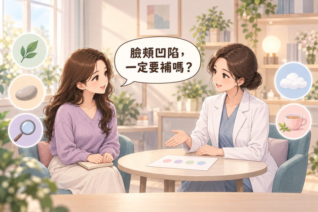 插畫：診間裡一位女性拿著空白的小筆記本發問，對面穿白袍的醫師比著桌上一張畫著四個柔和小圓圈的紙平靜說明，周圍有葉子、小石頭、放大鏡、雲朵與茶杯的小圖示