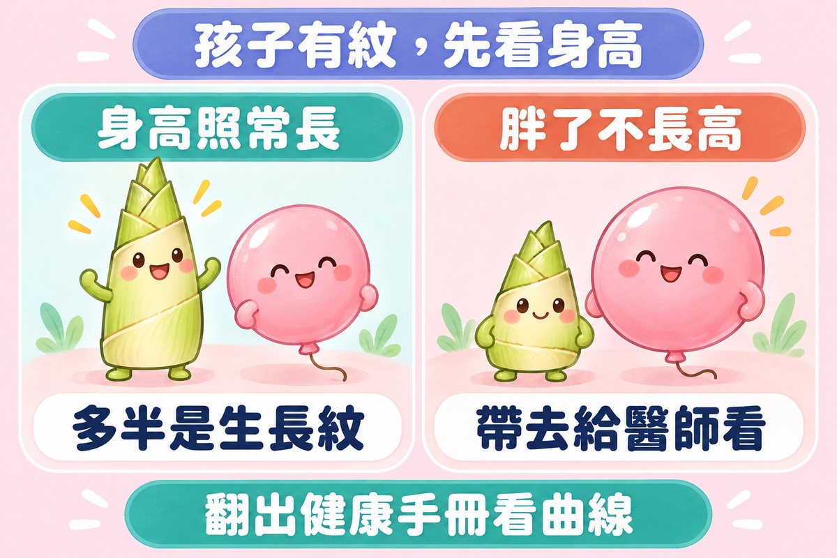 兩格對照的比喻圖:左邊高高的竹筍站在中等大小的氣球旁,寫著身高照常長、多半是生長紋;右邊矮矮的竹筍站在很大的氣球旁,寫著胖了不長高、帶去給醫師看;上方寫著孩子有紋,先看身高,下方寫著翻出健康手冊看曲線