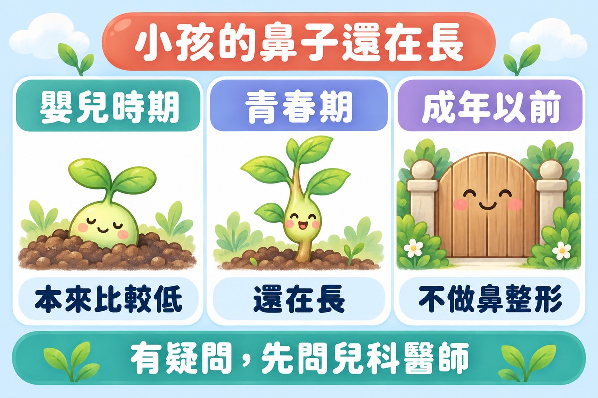 三格卡片的整理圖:剛冒出土的小嫩芽寫著嬰兒時期、本來比較低,還在長葉子的小樹苗寫著青春期、還在長,關著的小花園柵門寫著成年以前、不做鼻整形;上方寫著小孩的鼻子還在長,下方寫著有疑問,先問兒科醫師