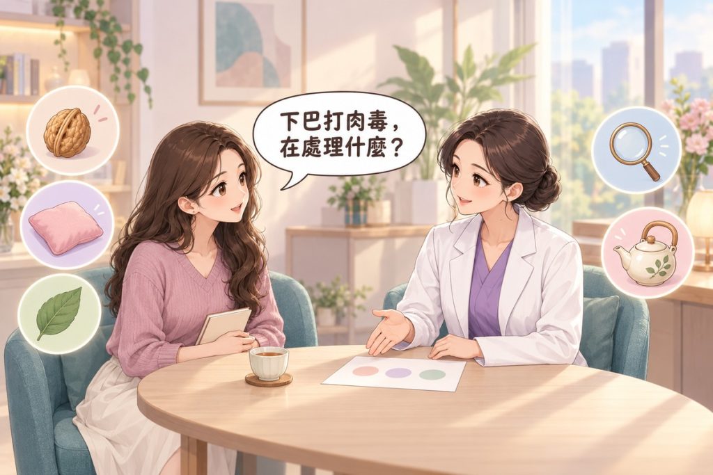插畫：診間裡一位女性拿著空白的小筆記本發問，桌上放著一杯茶，對面穿白袍的醫師比著桌上一張畫著三個柔和小圓圈的紙平靜說明，周圍有核桃、軟墊、葉子、放大鏡與茶壺的小圖示