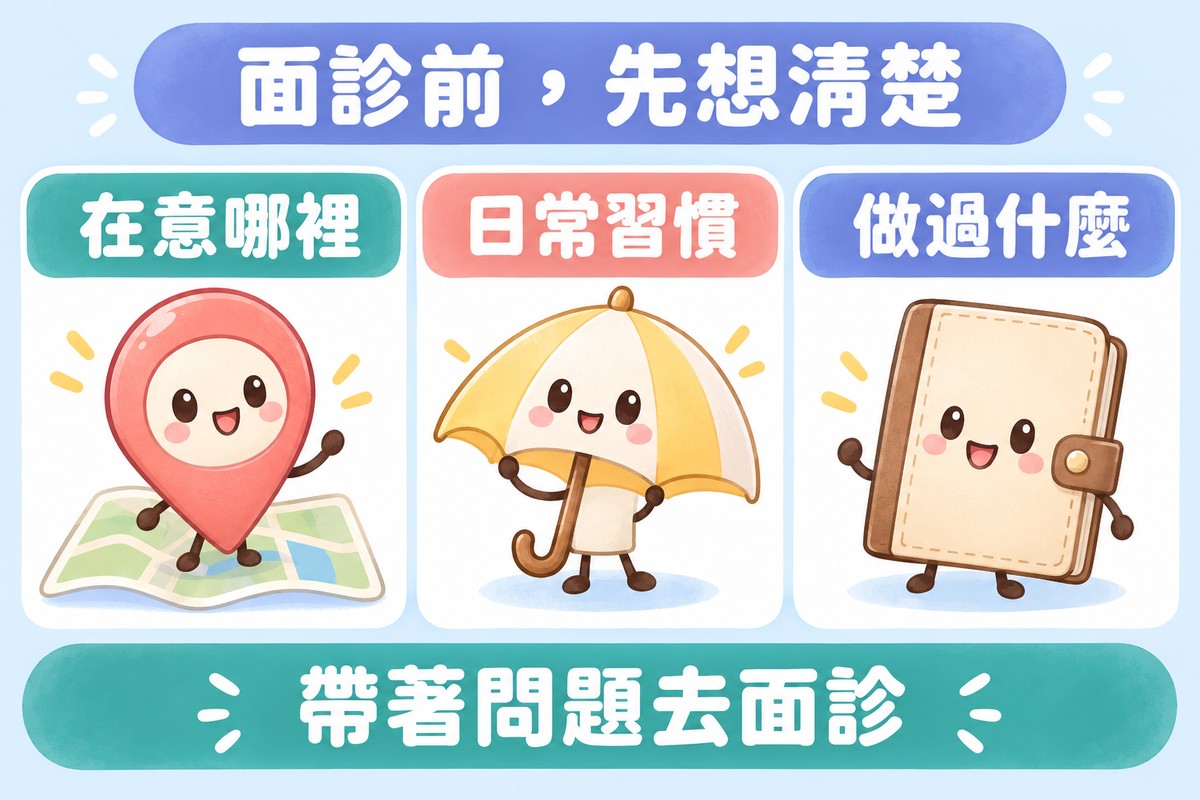 三張卡片的整理圖:地圖針代表在意哪裡、陽傘代表日常習慣、筆記本代表做過什麼;下方寫著帶著問題去面診
