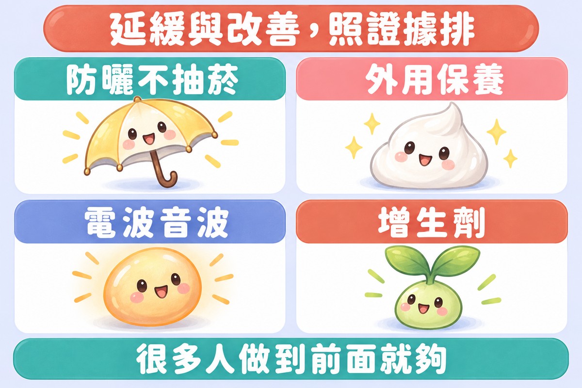 四張卡片的整理圖:陽傘代表防曬不抽菸、一團乳霜代表外用保養、暖光小石頭代表電波音波、小芽代表增生劑;下方寫著很多人做到前面就夠