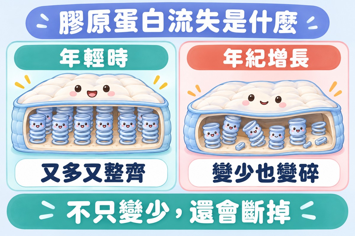 兩格對照的比喻圖:左邊年輕時的床墊裡彈簧又多又整齊,右邊年紀增長的床墊彈簧變少、有些斷成短段;下方寫著不只變少,還會斷掉