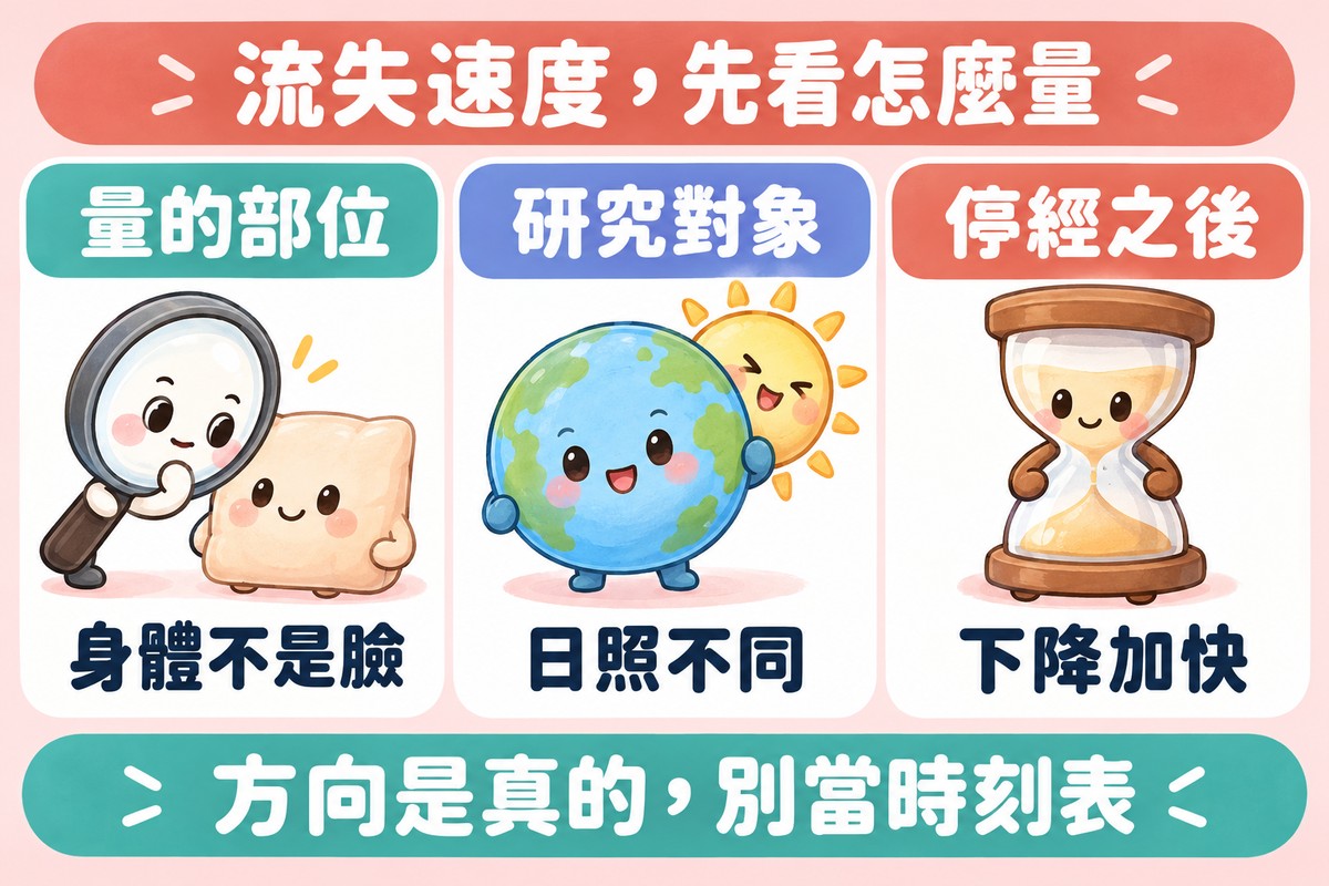 三張卡片的比喻圖:放大鏡看著坐墊代表量的部位是身體不是臉、地球儀旁有太陽代表研究對象日照不同、沙漏代表停經之後下降加快;下方寫著方向是真的,別當時刻表