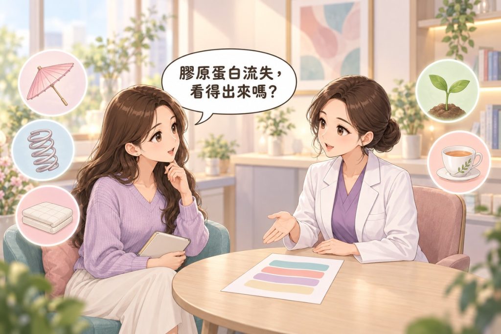 插畫:診間裡一位女性拿著空白的小筆記本發問,對面穿白袍的醫師比著桌上一張只有幾條彩色色帶的紙平靜說明,周圍有小陽傘、彈簧、床墊、小芽與茶杯的小圖示