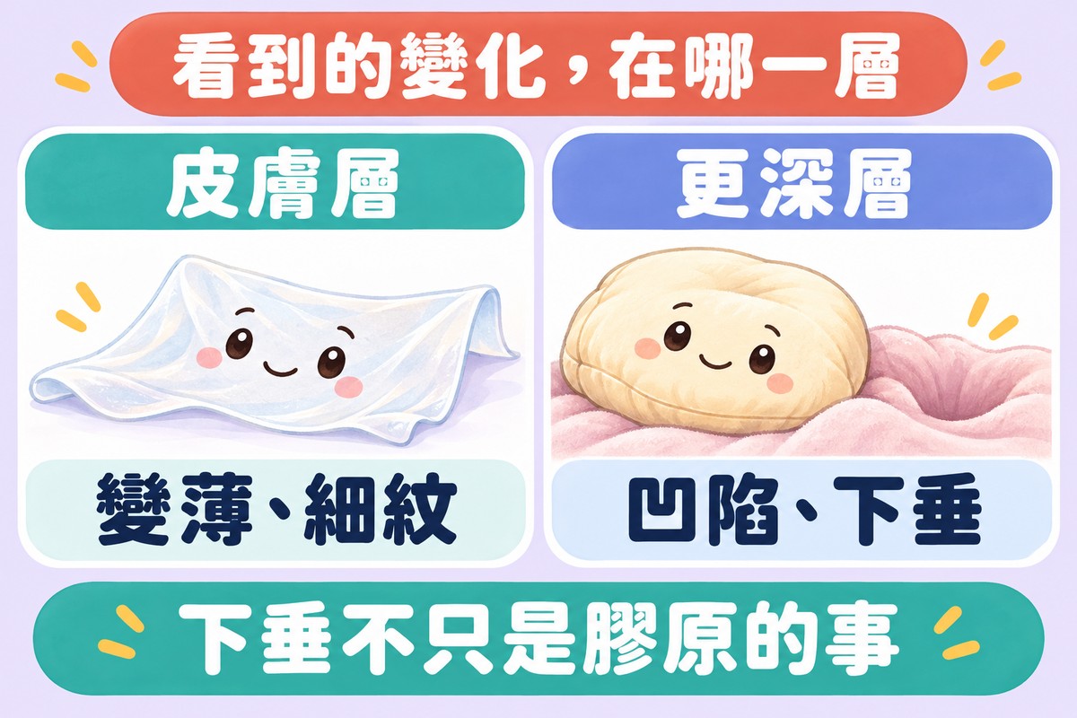 兩張卡片的比喻圖:薄被單代表皮膚層的變薄與細紋,往下滑的坐墊與凹下去的毯子代表更深層的凹陷與下垂;下方寫著下垂不只是膠原的事