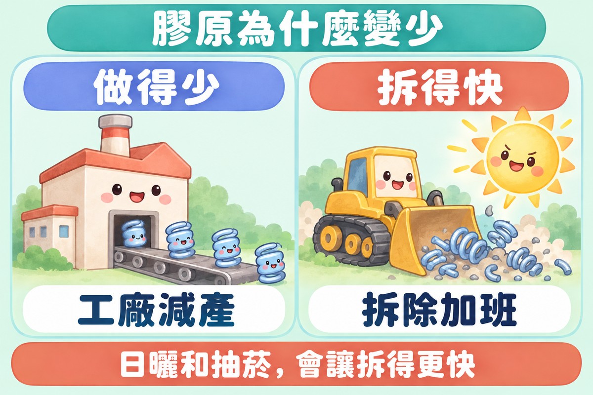 兩格比喻圖:左邊小工廠慢慢只送出幾個彈簧代表做得少、工廠減產,右邊小推土機推走斷掉的彈簧、上方有太陽代表拆得快;下方寫著日曬和抽菸,會讓拆得更快