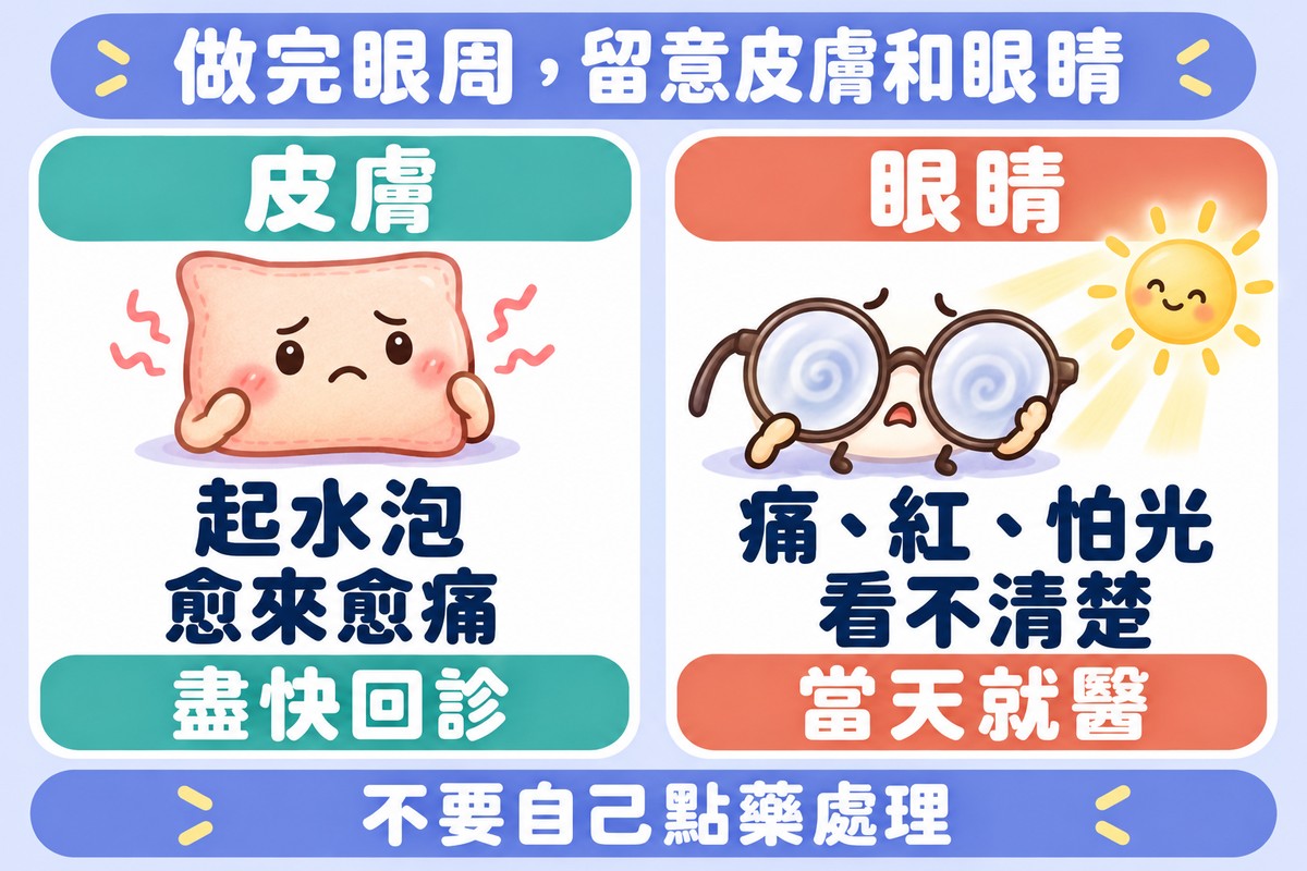 兩張卡片:皮膚起水泡、愈來愈痛,盡快回診;眼睛痛、紅、怕光、看不清楚,當天就醫;下方寫著不要自己點藥處理